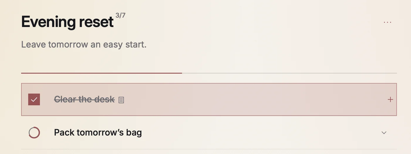 Detail of Backtrack on a Mac: the title Evening reset with 3/7 beside it, the progress line, and a plus at the end of the row under the pointer.