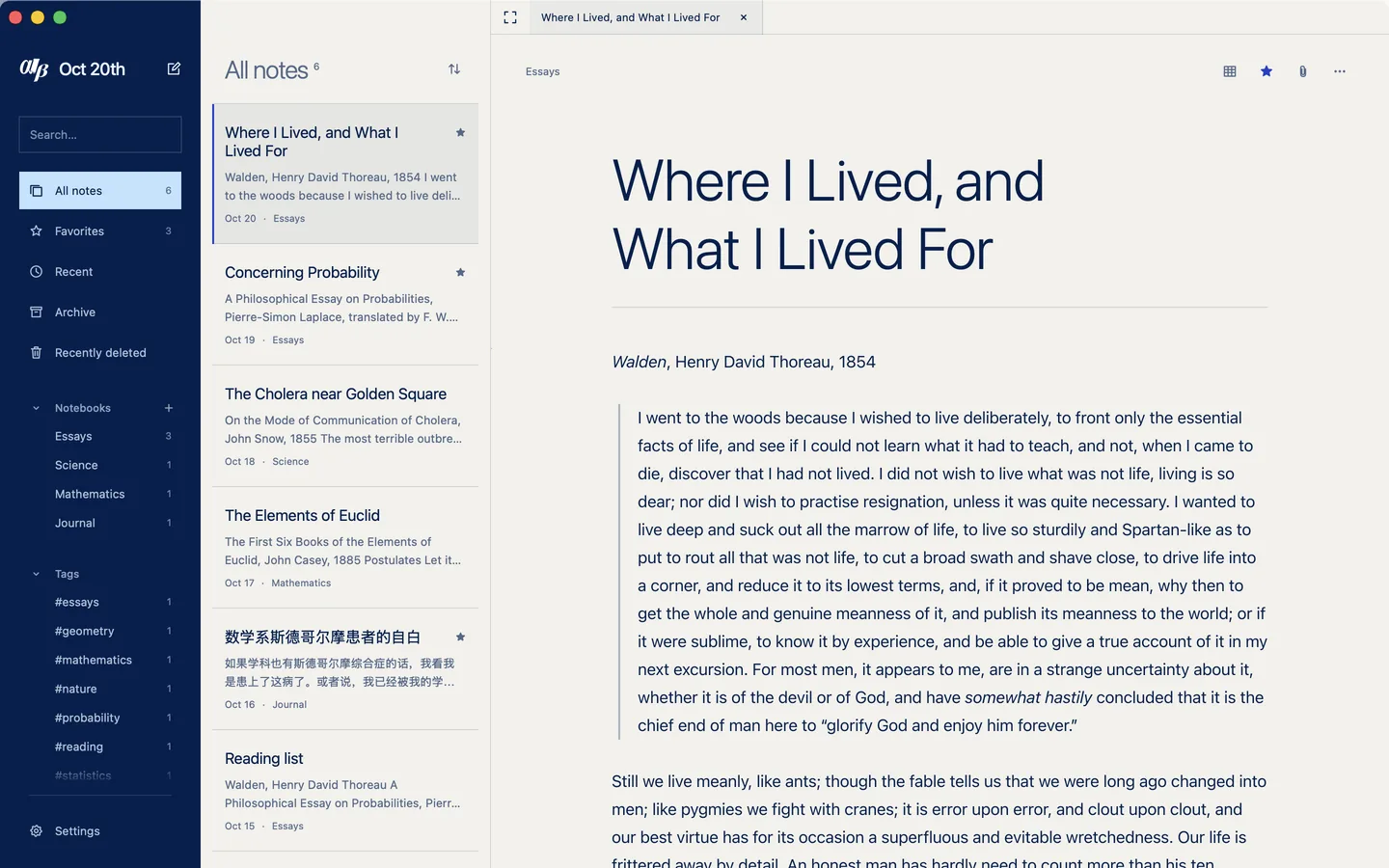 Inserable on a Mac: the navy library on the left, the list of notes in the middle and the note Where I Lived, and What I Lived For on warm paper.