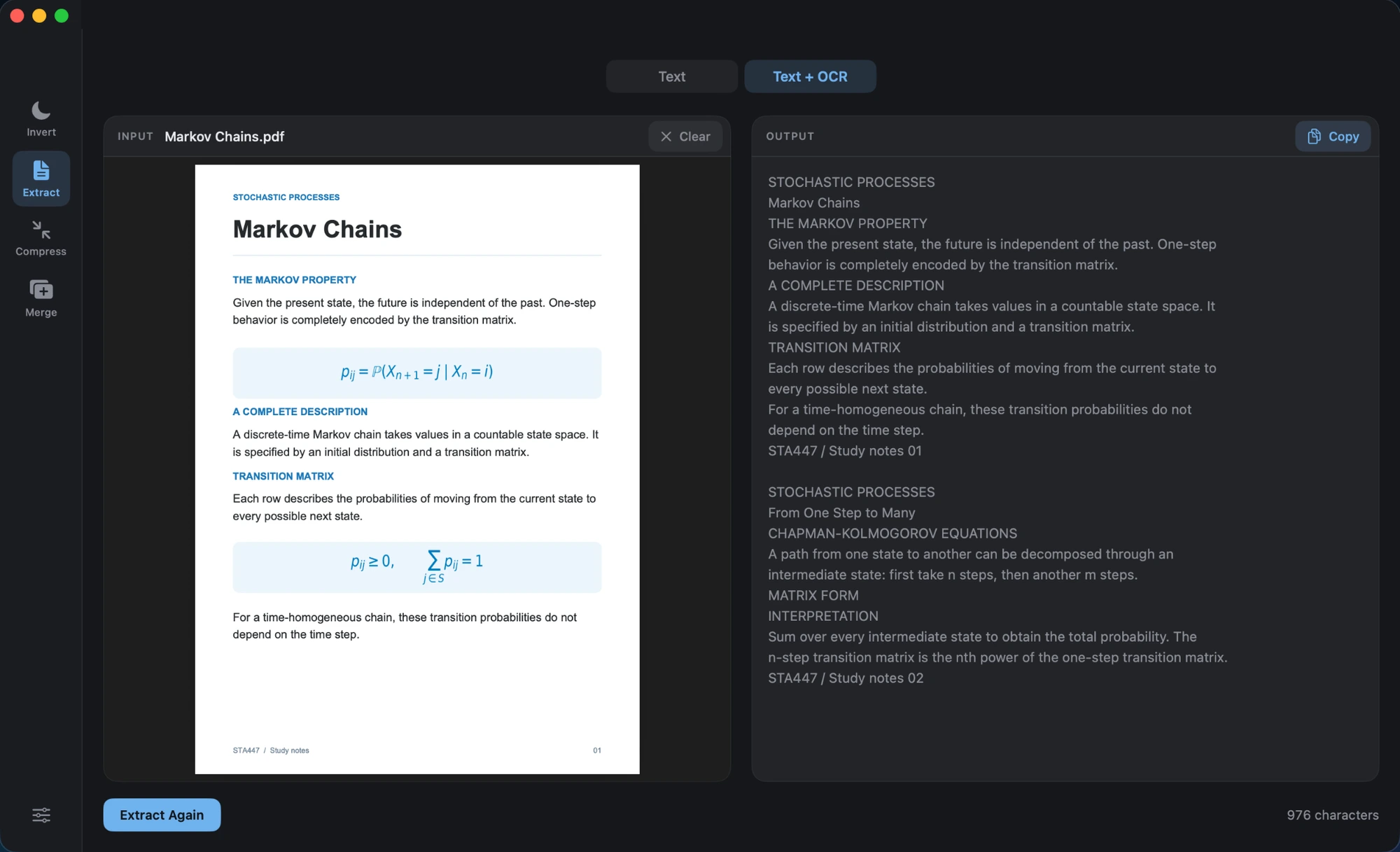 Norkta on Mac showing the Markov Chains PDF beside its extracted text and Copy button.