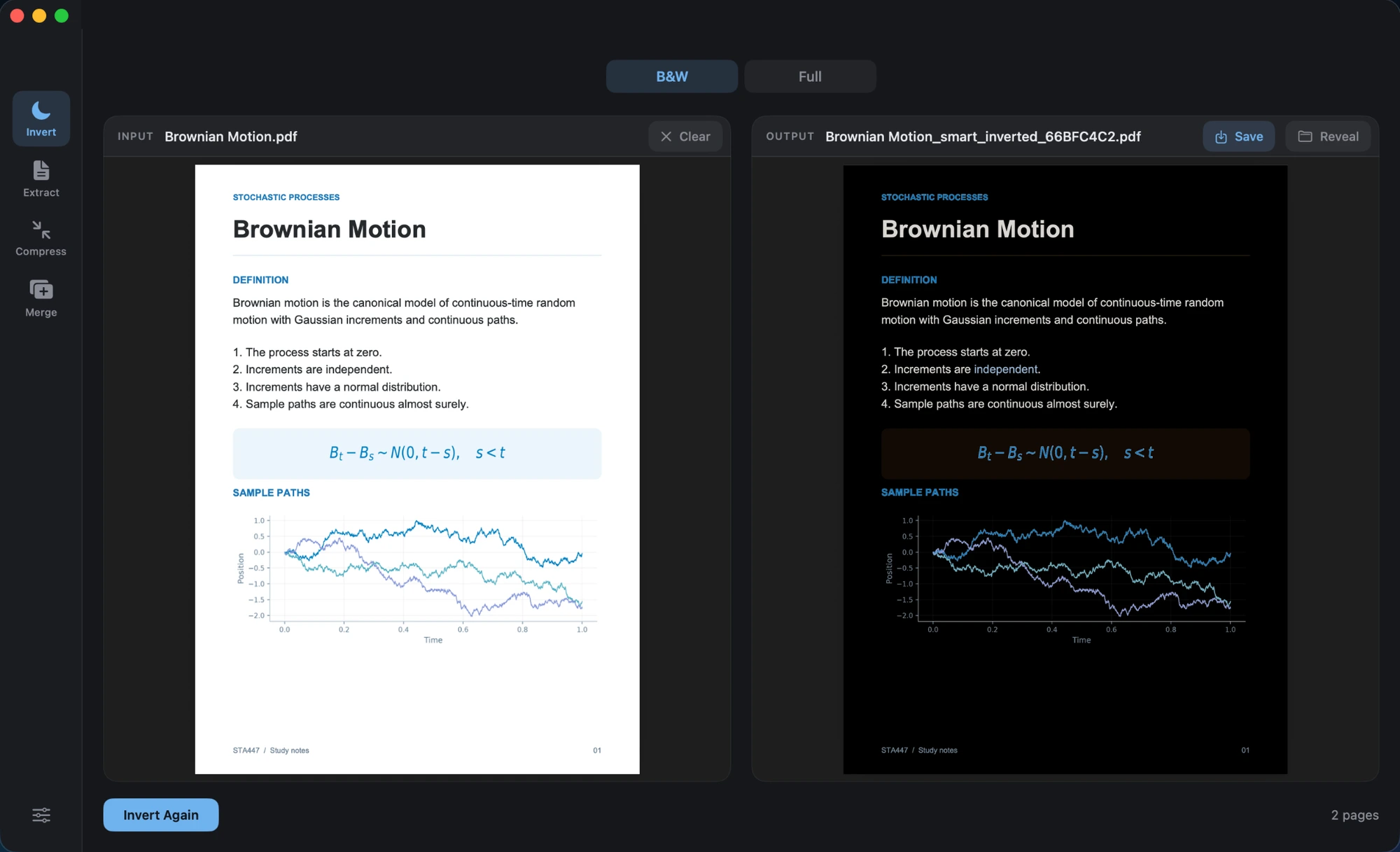 Norkta on Mac: the original Brownian Motion PDF beside its dark version, with blue formulas and colored graphs preserved.