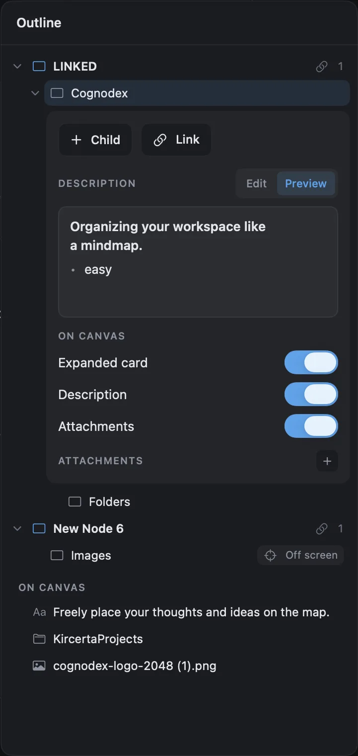The Outline: nodes under their parents with link counts, one node's Markdown description and display switches, and the text, folder and image placed freely on the canvas.
