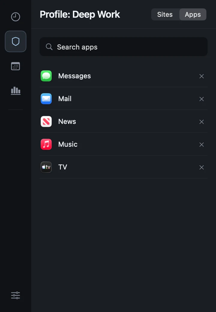 The Deep Work profile with the Apps tab selected and a search field above its blocked applications.
