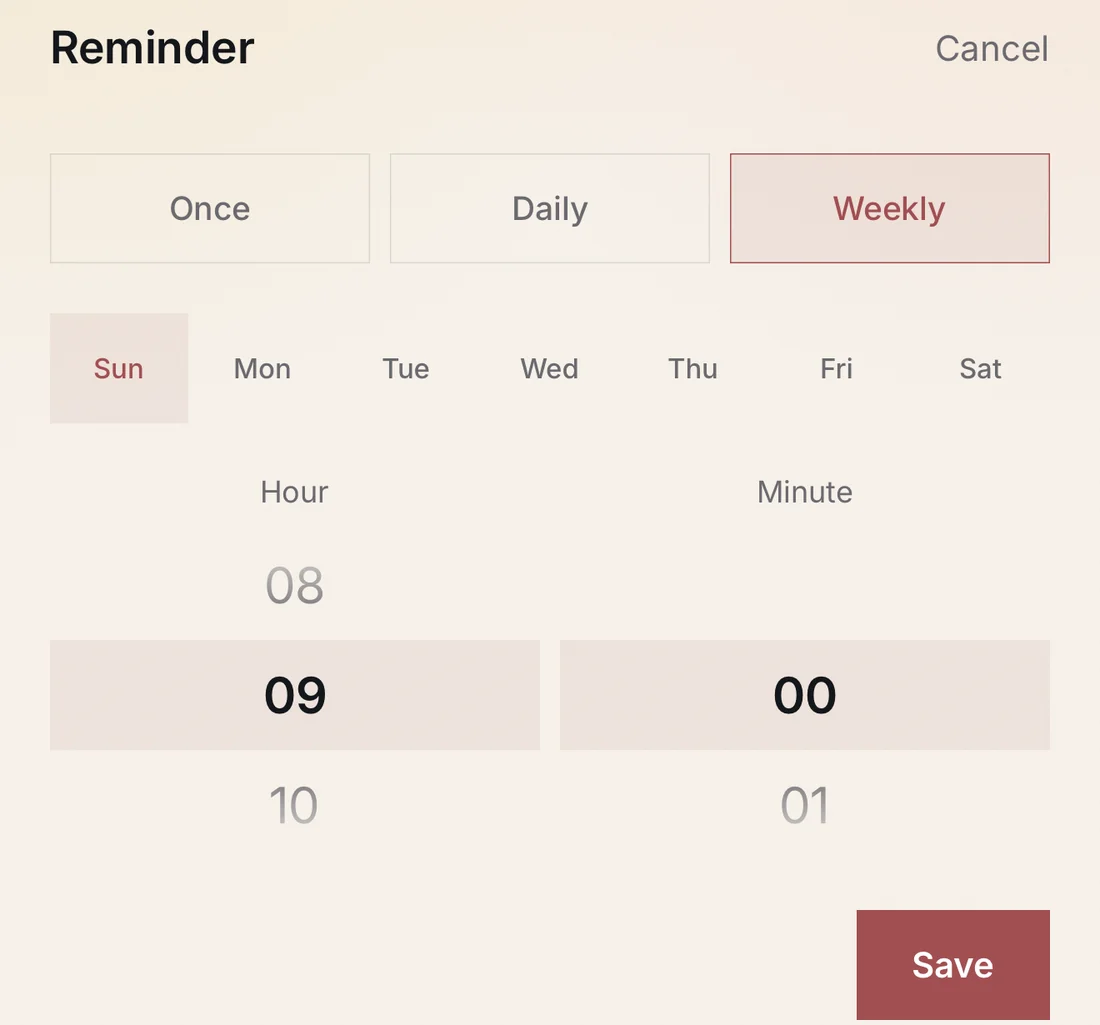 Detail of the Reminder editor: Once, Daily and Weekly, the days of the week with Sun chosen, Hour and Minute wheels at 09 and 00, and Save.