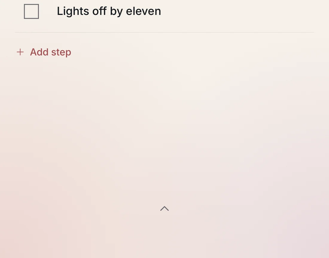 Detail: the foot of a checklist on iPhone. Under the last step and Add step, a small upward chevron sits at the centre.