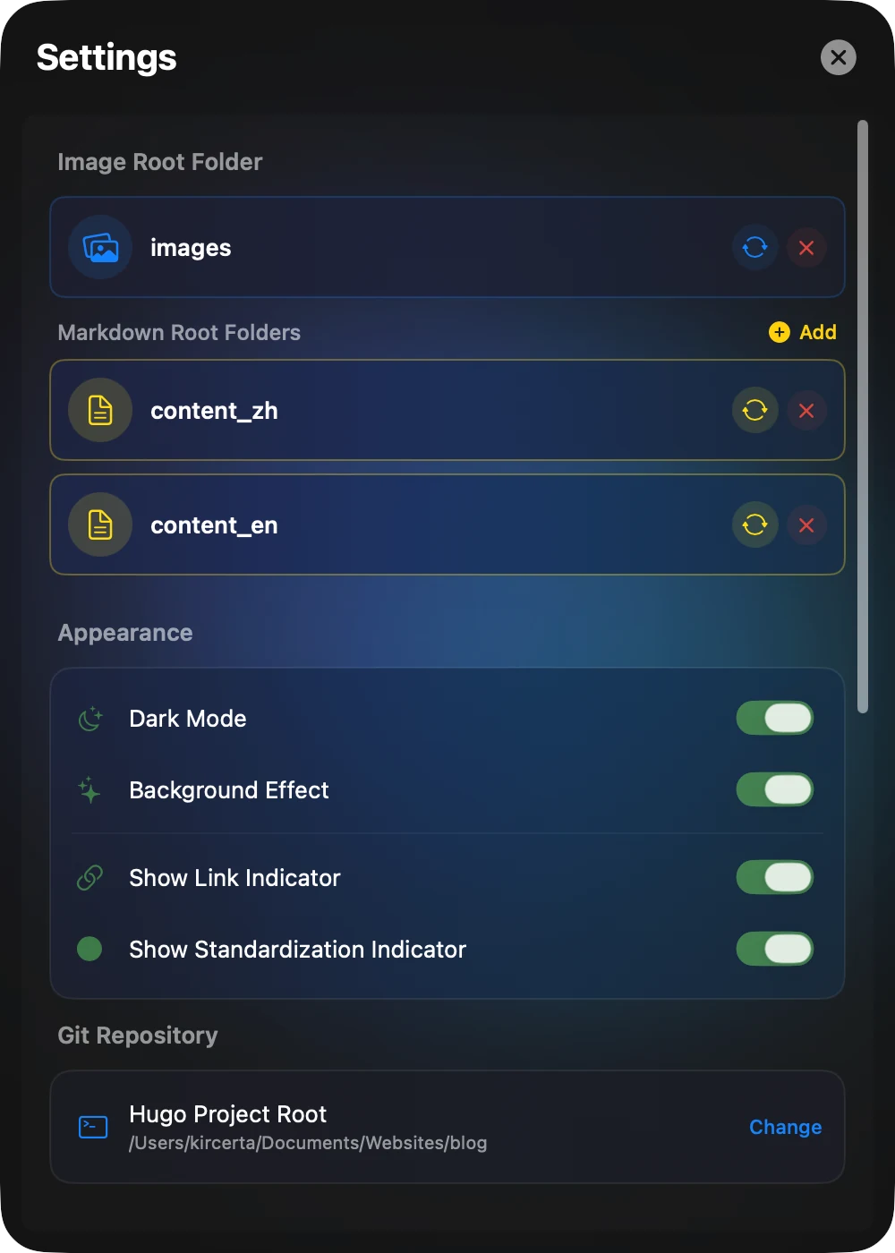 Settings: the image root folder, two Markdown root folders, appearance switches and the Hugo project root for Git.