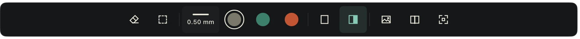 The Wroughts toolbar: eraser, selection, a 0.50 mm stroke width, three ink colours, two page styles, image, split view and focus.