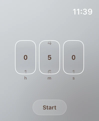 The timer on Apple Watch in the White theme: hours, minutes and seconds set to 0, 5 and 0 over a Start button.
