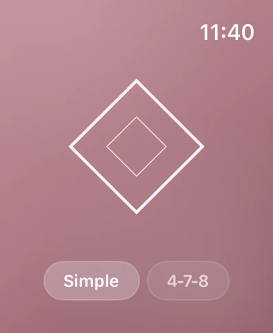 Rhylm on Apple Watch in the Pink theme, with Simple and 4-7-8.
