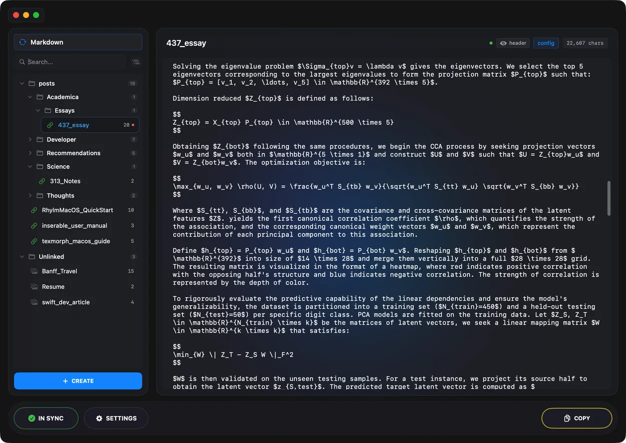 Inserable in dark mode: the Markdown sidebar with sessions grouped by folder, and an essay open in the editor with its LaTeX and a linked figure.