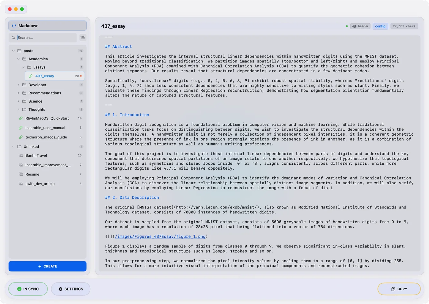 Inserable in light mode: sessions in the sidebar and an article’s Markdown open beside them, with Sync, Settings and Copy at the foot of the window.
